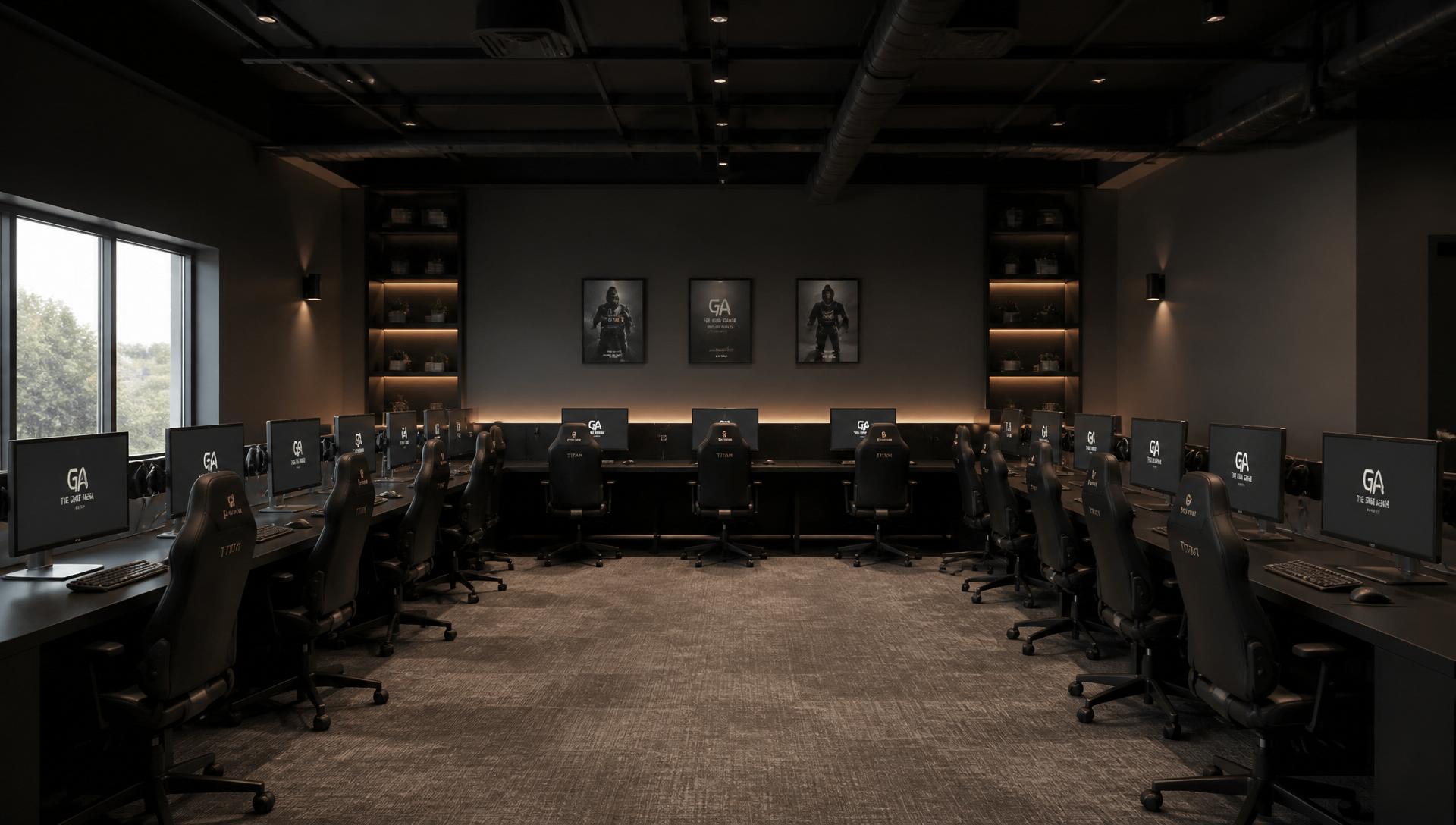 PC gaming arena with U-shaped black counter and grey carpet