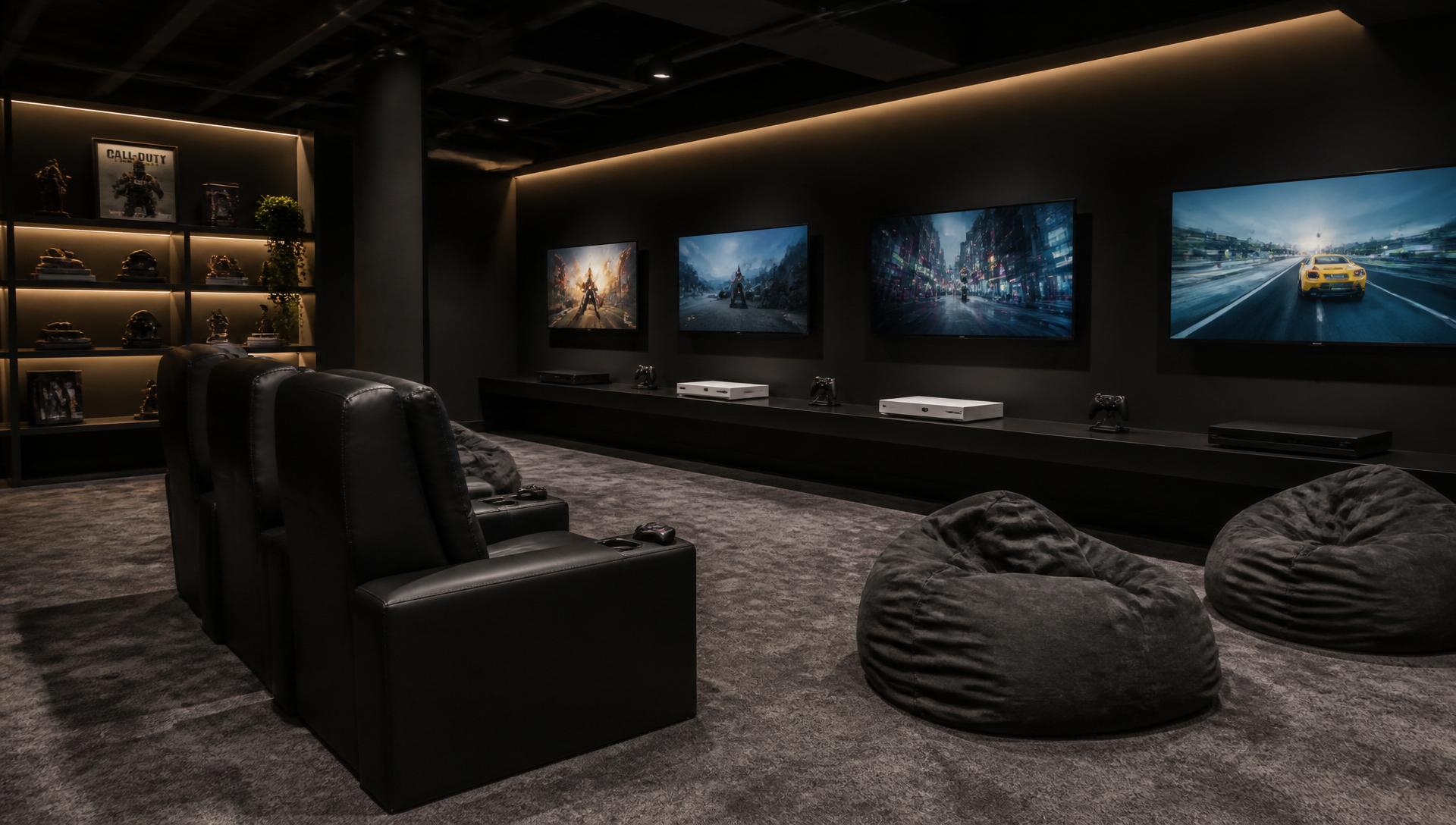 PS5 lounge with four TVs, black recliners, and bean bags on grey carpet