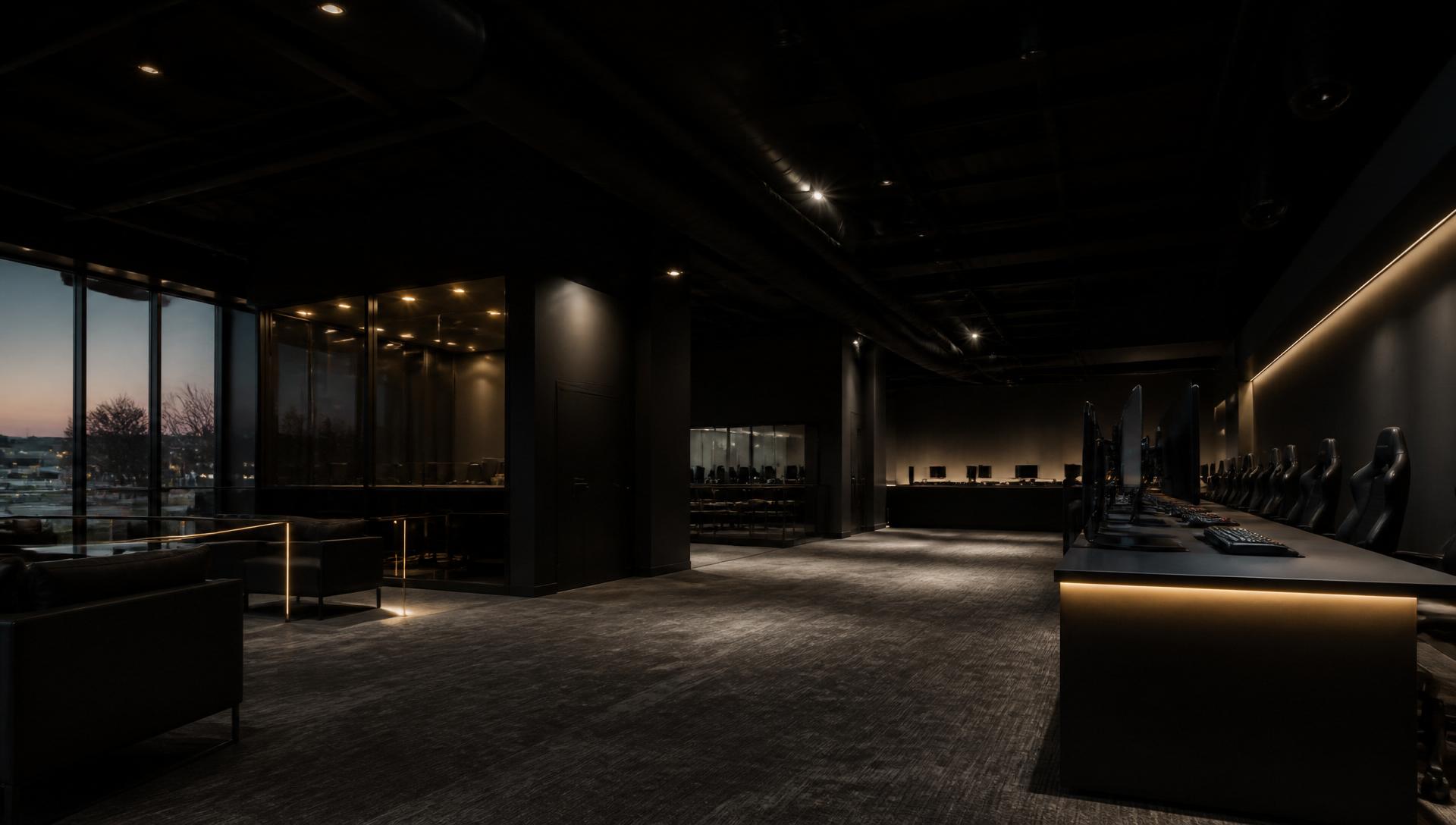 Empty gaming arena at dusk with warm accent lighting