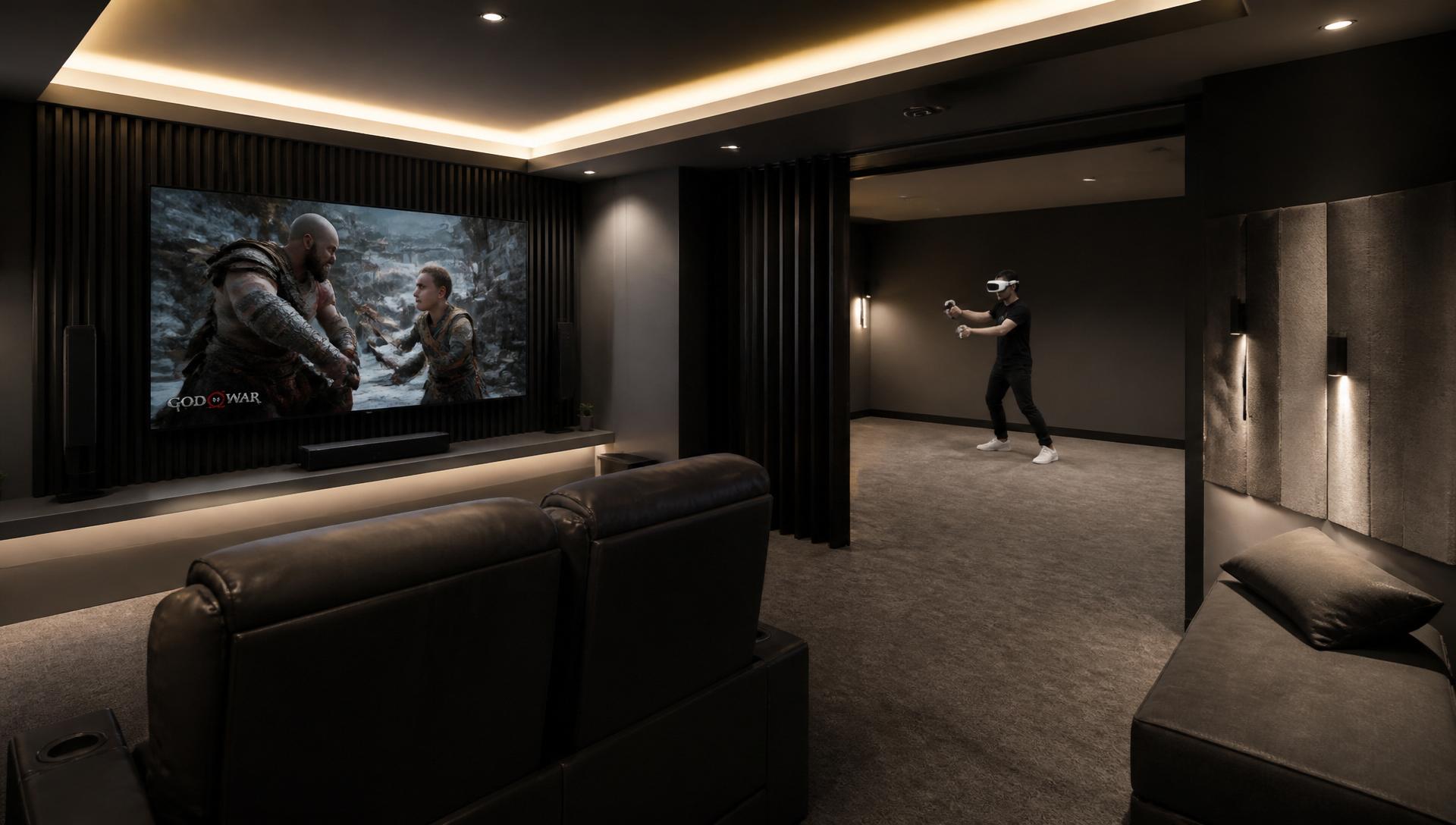 Private VR room with acoustic panel wall, large TV, and open VR play area